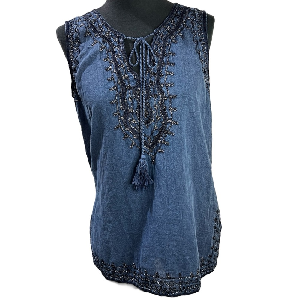 Boho Metallic Embroidered Lightweight Denim BlueTank Top Tassel Tie